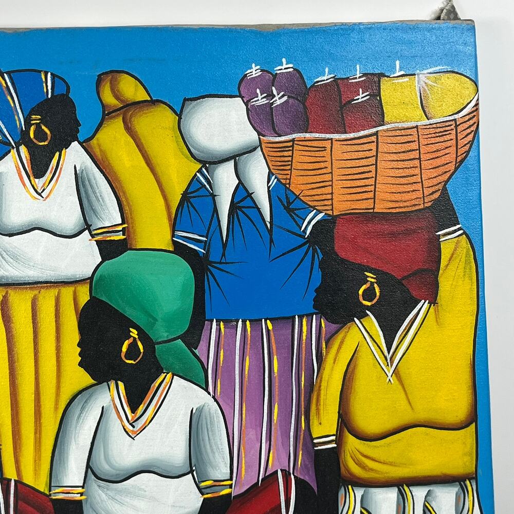 Andre Grand Turk Signed Caribbean Folk Art Canvas Painting Market Scene 18"x24" - Picture 3 of 16